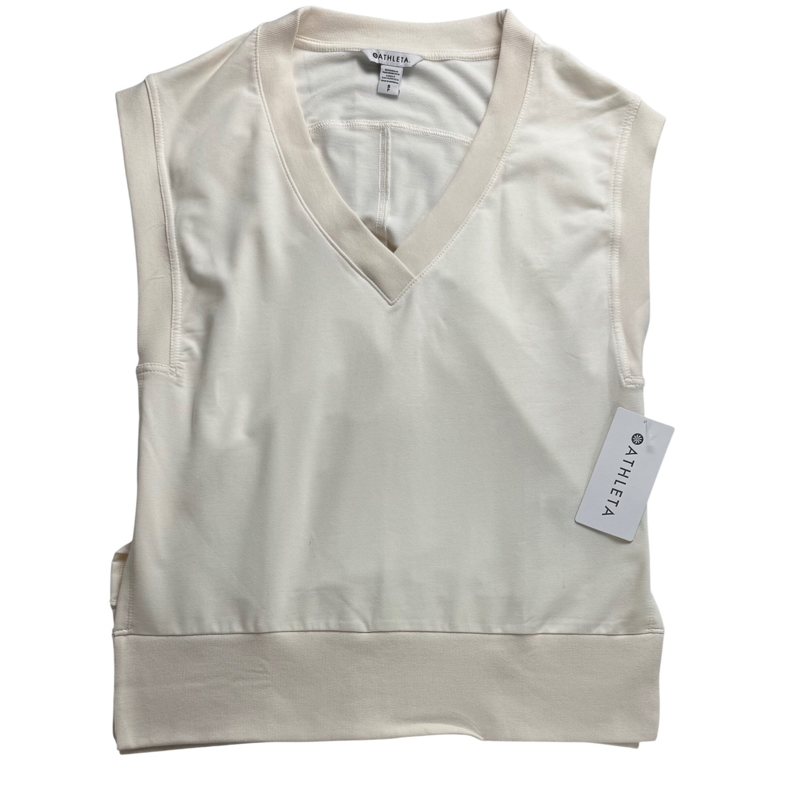 Athleta Retroterry V-Neck Sweatshirt Vest Off White Sleeveless Small Gym Workout